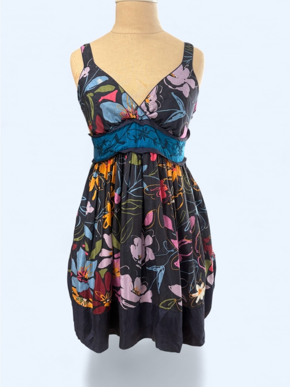 Johnny Was 100% Silk Sleeveless Top With Teal Banding and Floral Print